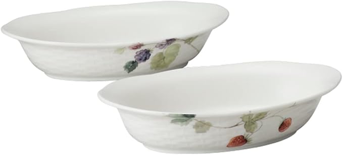 NARUMI Oval Gratin Dish Set, Lucy Garden, 8.7 x 5.5 x 1.8 inches, Berry Pattern, Set of 2, Microwave, Dishwasher, Oven Safe, Made in Japan, Gift Box Included