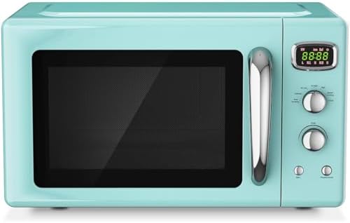 Retro Microwave Oven 0.9Cu.ft，900W Compact Countertop Microwave w/5 Micro Power & 8 Auto Cooking, Child Lock, Timer Setting & Glass Turntable, LED Display, Mint Green