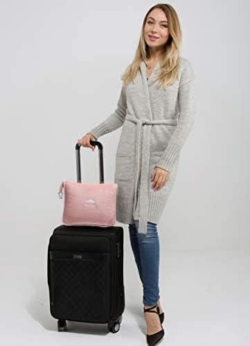 BlueHills Long Travel Blanket Pillows for Two Airplane Traveling Essentials Flight Throws in Bag case with Backpack Clip Compact Large Plane Accessories – Gray and Pink