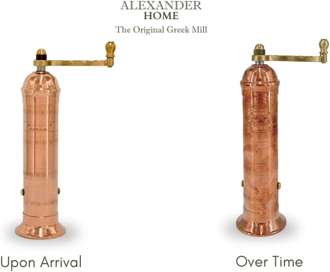 Alexander Home Original Greek Pepper Mill, 8-Inch Copper – European Manual Pepper Grinder, Refillable, with Polishing Cloth