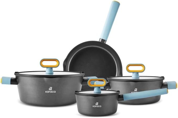 KARACA Fancy Ceramic Cookware Sets Black, Kitchen Pots & Pans Set Non Stick with Lid, Swiss Crystal Surface, Induction Cooking Utensils, 7-Piece, Dishwasher Safe