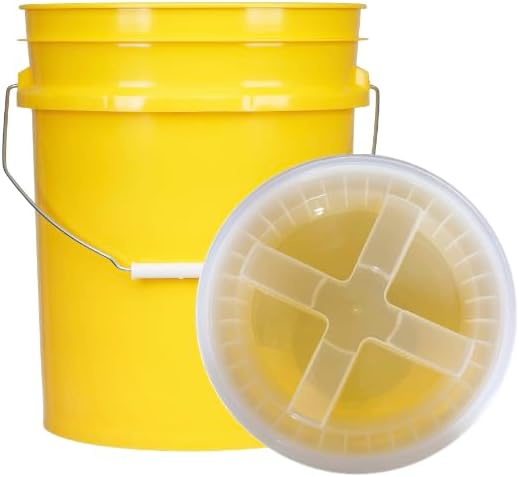 House Naturals 5 Gallon Food Grade Plastic Bucket with Air Tight Screw on Lid Made in USA Container (Yellow Bucket with Clear lid)