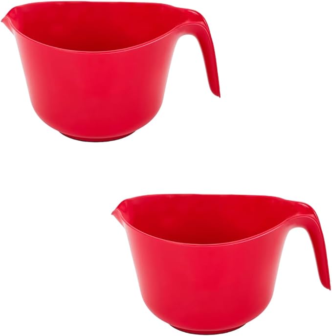 Set of 2 Red Plastic Mixing Bowls with HandleS Pour Spout and Non-Slip Base - Dishwasher Safe Cooking Baking Kitchen Supplies, 2.5 qt.