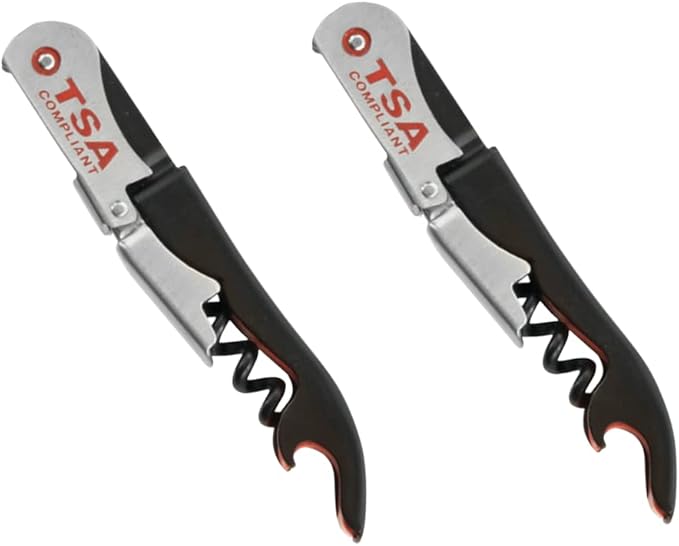 TSA Compliant Corkscrew Bottle Opener, Black Double Hinged, Stainless Steel Wine Key (2 Pack)