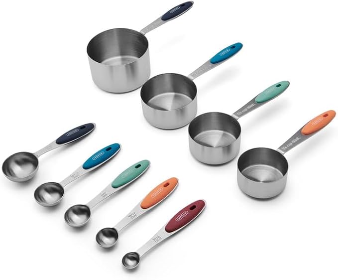Farberware Stainless Steel Measuring Cups and Spoons Set - Retro Rainbow Design with Soft Grip Handles, Nested Storage Ring Included, Essential Kitchen Gadgets for Baking and Cooking, 9 Piece