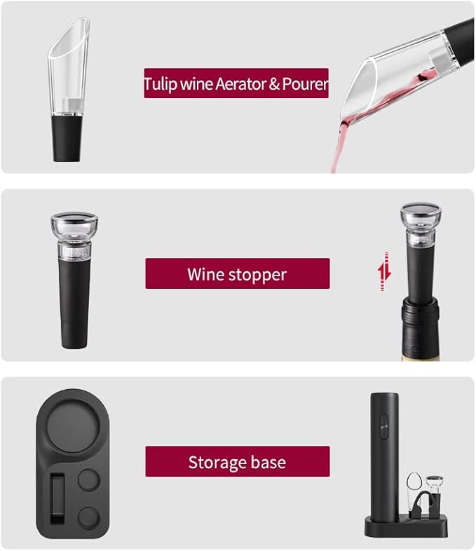 Black Electric Wine Bottle Opener Set 5-in-1 Wine Tool (Electric Bottle Opener+Pourer+Vacuum Stopper+Tin Cutting Knife+Storage Base) Wine Enthusiast Gift Essential for Home Bars