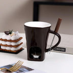Multi Functional Ceramic Fondue Mug, Tealight Heated Chocolate & Cheese Fondue Set for Dipping, Ideal for Romantic Nights (Coffee)