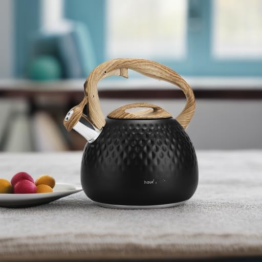 Hauce Radio Tea Kettle Stovetop,2.5QT Stainless Steel Whistling Teapot for Stove Top Aesthetic,Portable Water Kettles Camping with Anti-hot Silicone Handle,Suitable for All Heat Sources,Black