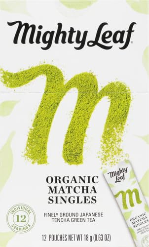 Mighty Leaf Tea, Organic Matcha Green Tea Singles - 1 Box of 12 Single Serve Packets, 100% Japanese Matcha, Unsweetened