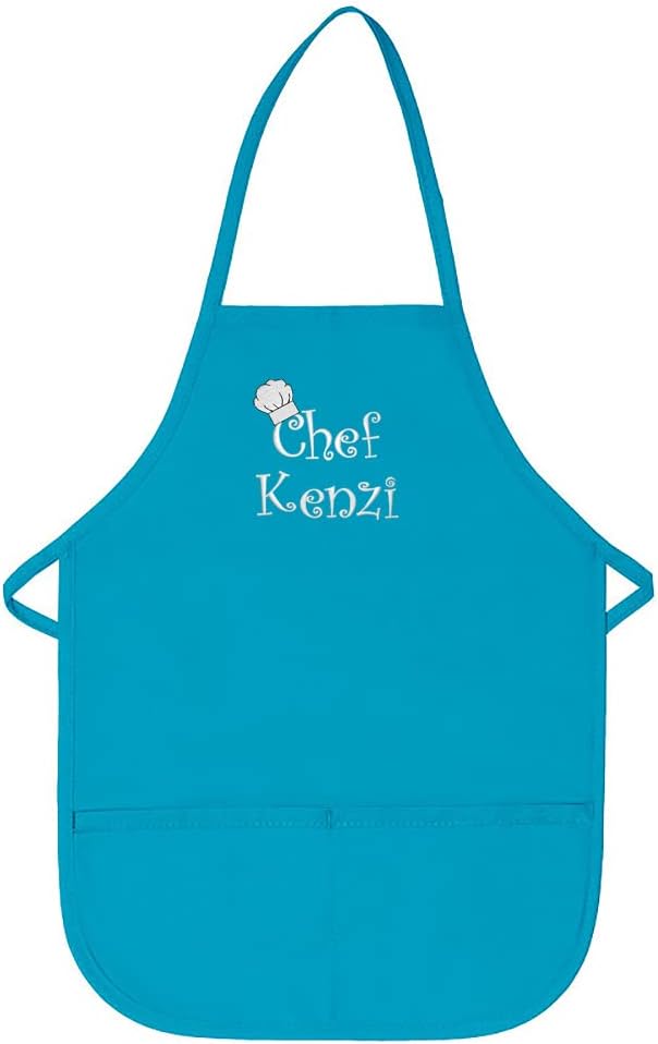 Made in the USA Chef Any Name Child Personalized Embroidered Premium Child Apron for Kids Girls Boys Fun in the Kitchen Gift Turq Long