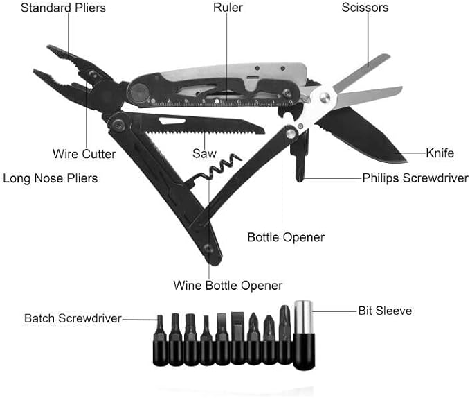 RoverTac Multitool Pocket Knife Tactical Camping Survival Knife Gifts for Men Dad Husband 18 in 1 Multi Tool Knife Pliers Scissors Saw Corkscrew 9-Pack Screwdrivers with Safety Lock and Nylon Sheath