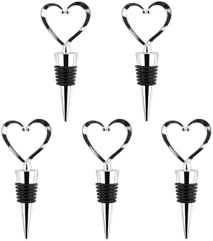 Pack of 5 Heart Shape Stainless Steel Bottle Stopper Love Design Wine Beverage Bottle Stopper Bar Wine Tool