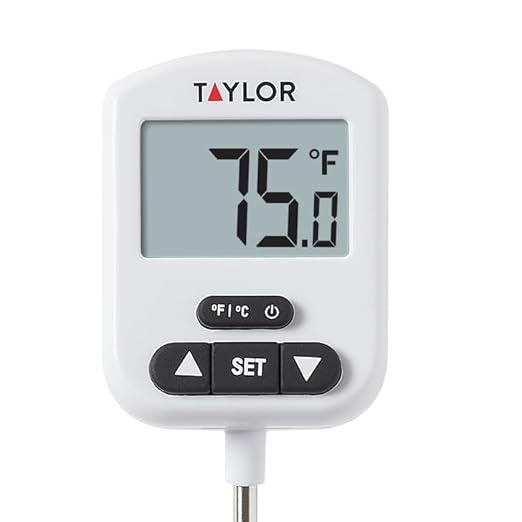 Taylor Programmable Digital Candy and Deep Fry Thermometer with Green Light Alert Display, Long Stem, and Adjustable Pan Clip, White