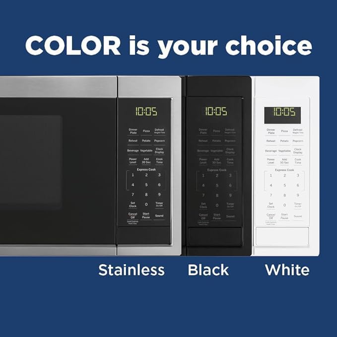 GE Countertop Microwave Oven, Compact 0.9 Cubic Ft., 900-watt Capacity, 7 Auto Cooking Settings, Child-Lock Technology, Kitchen Essentials for the Countertop, Dorm Room or Apartment, Stainless Steel