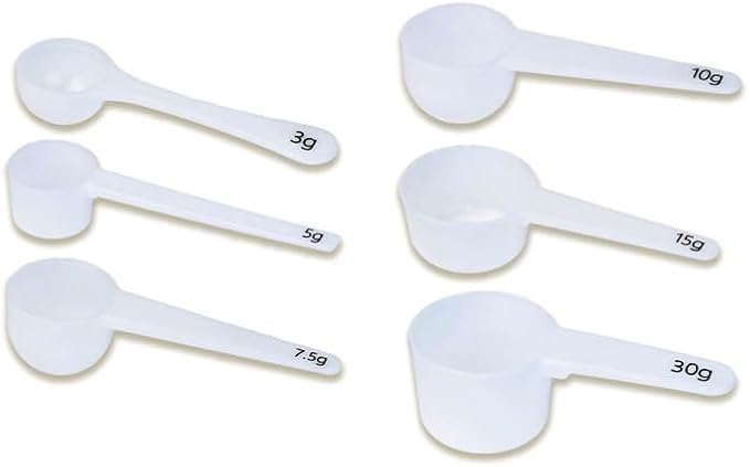 Measure spoons | measuring spoons set of 6 | exact dosing 3 gram scoop, 5 gram scoop, 7,5g, 10g, 15g, 30g | kitchen measuring set for powder and liquids | plastic medicine spoon and cups
