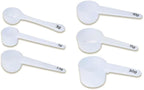Measure spoons | measuring spoons set of 6 | exact dosing 3 gram scoop, 5 gram scoop, 7,5g, 10g, 15g, 30g | kitchen measuring set for powder and liquids | plastic medicine spoon and cups