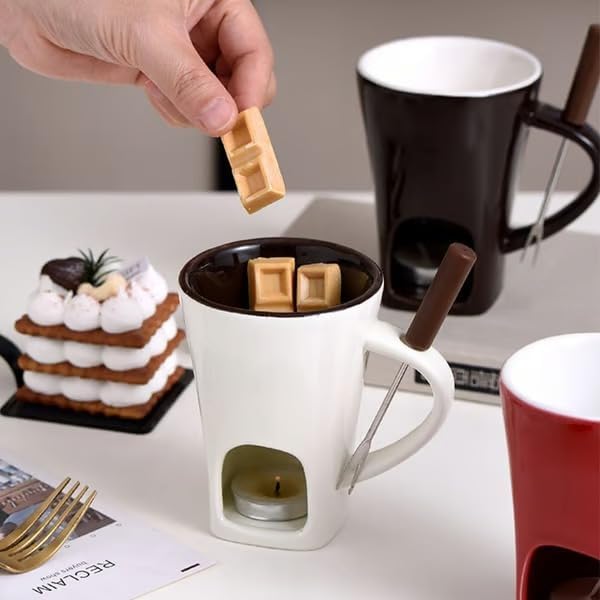 Multi Functional Ceramic Fondue Mug, Tealight Heated Chocolate & Cheese Fondue Set for Dipping, Ideal for Romantic Nights (Beige)