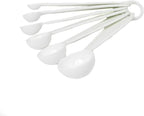Rocky Mountain Goods Measuring Spoon Set - 6-Piece White Set - 1/8 tsp to 1 tbsp - Durable Plastic with Raised Measurements - Metric, Standard Markings - Dishwasher Safe - Wet and Dry Ingredients