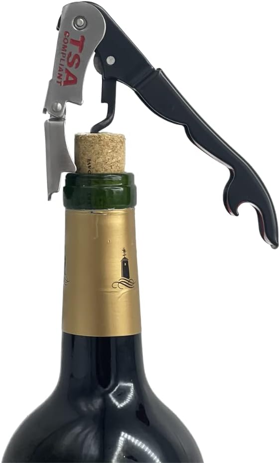 TSA Compliant Corkscrew Bottle Opener, Black Double Hinged, Stainless Steel Wine Key (1 Pack)