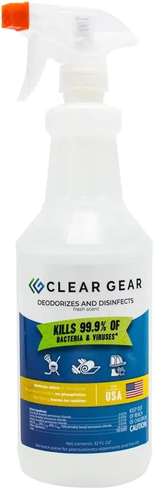 Clear Gear Disinfectant Cleaner, and Deodorizer For Sports Equipment, Gyms, and Fitness Centers - EPA-Registered, Hospital Grade, Made in USA - 1-Pack of 32 Oz Bottle Disinfecting Spray