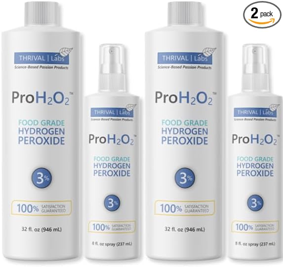 ProH2O2 3% Food Grade Hydrogen Peroxide – Natural Cleaner & Disinfectant – Household Use – For Cleaning, Sanitizing & Gargle – 8 fl oz Spray (Pack of 2) & 32 fl oz Refill (Pack of 2)