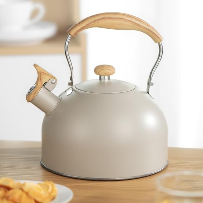 Stove Top Kettle, 2.5 Quart Whistling Kettle for Gas Hob with Wood Pattern Handle Loud Whistle Food Grade Stainless Steel, Anti-Hot Handle and Anti-Rust, Suitable for All Heat Sources