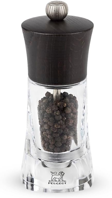 Peugeot - Oleron Manual Pepper Mill - Transparent Adjustable Grinder - Acrylic and Beechwood, Chocolate, 5.5 Inches