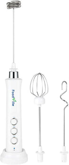 FoodVille MF09 3 in 1 Rechargeable Milk Frother Handheld Foam Maker with Charging Stand & 3 Stainless Steel Whisks (White without Case)
