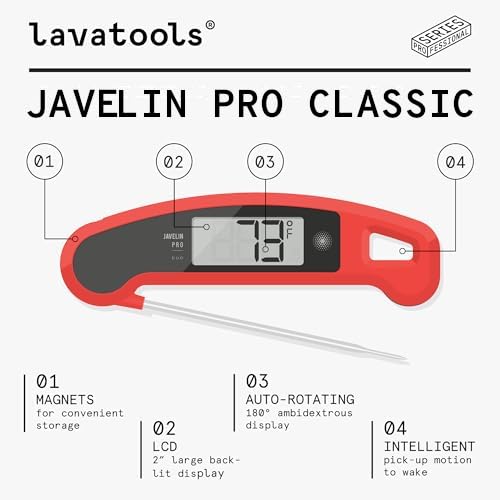Lavatools Javelin® PRO Classic Ultra-Fast 2-Second Professional Digital Instant Read Meat Thermometer for Grill and Cooking, Auto-Rotating Backlit Display, IP65 Water Resistant, NSF Certified – Sambal
