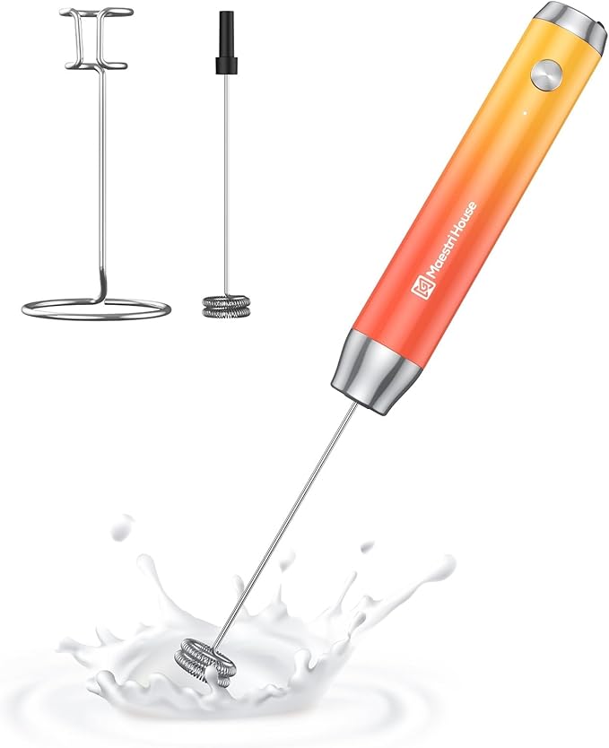 Maestri House Rechargeable Milk Frother with Stand, LunaFro Handheld Electric Foam Maker Waterproof Detachable Stainless Steel Whisk Drink Mixer Foamer for Lattes, Cappuccino