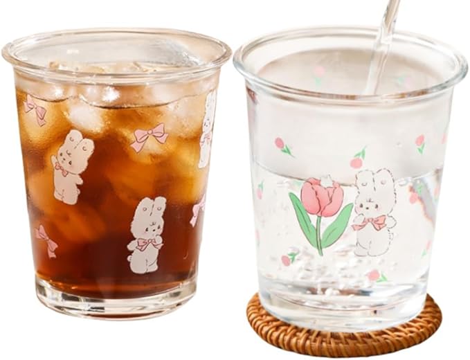 Set of 2 12 OZ French Drinking Glasses Floral Glass Coffee Cup Cute Tulip Rabbit Glass Cups for Iced Tea,Juice,Coffee,Latte,Milk,Dessert,Stackable Glassware Drinkware Set