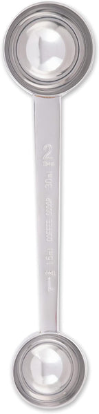 RSVP International Coffee Measuring Spoon, Long Handled Stainless Steel Scoop Multi-purpose for Baking, Ground Coffee, Beans or Loose Leaf Tea, Double, 1-Tbsp/2-Tbsp