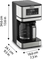 KRUPS Simply Brew: Stainless Steel and Glass Carafe 12 Cup Drip Coffee Maker, Programmable with Digital Display, Dishwasher Safe, Drip Free Coffee Machine, Black and Silver
