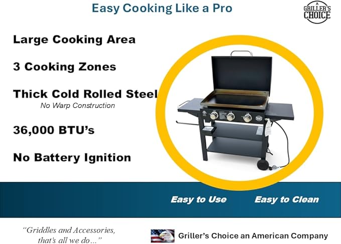 Griller's Choice Gas Griddle with Hinged Hood, Wind Guards, Front Grease Management, 4 Shelves, Propane Griddle for Flattop Grills Outdoor Cooking