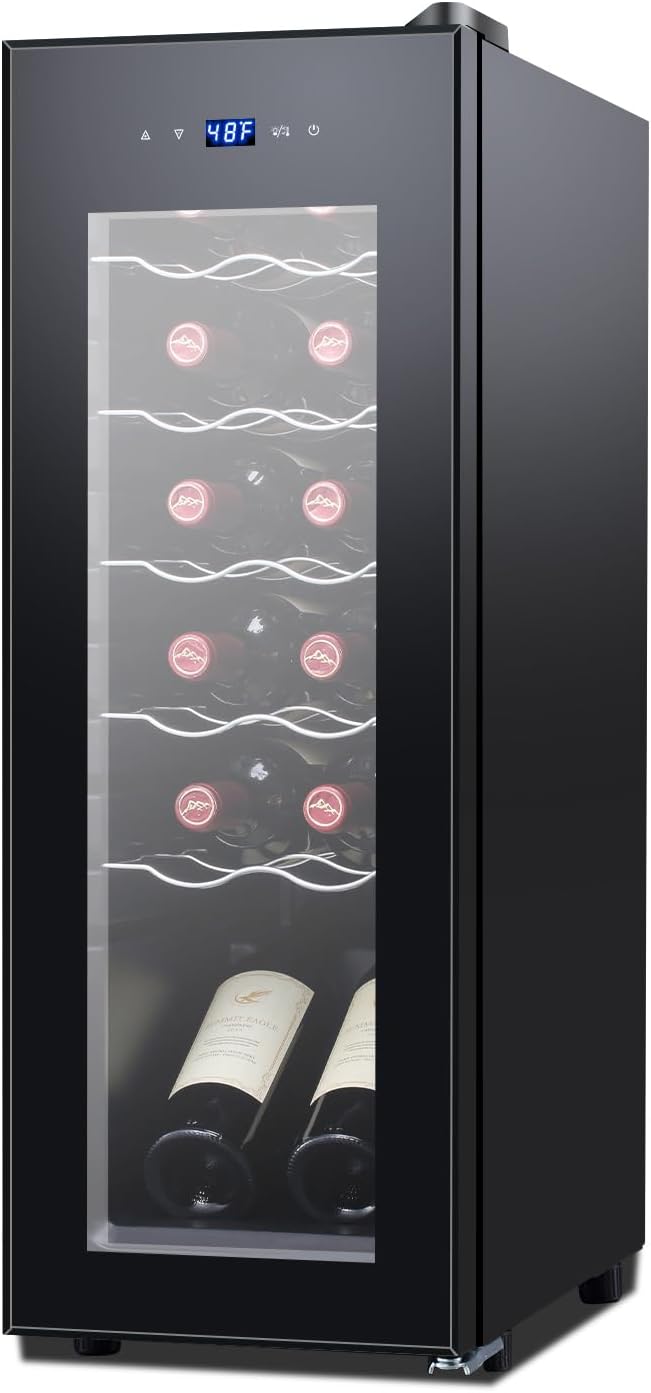 12 Bottle Black Wine Fridge,Freestanding Stainless Steel Small Wine Cooler For Red&White Wine,Wine Cooler Refrigerator 41°-64°F Digital Temperature Control Glass Door For Bar,Home Black