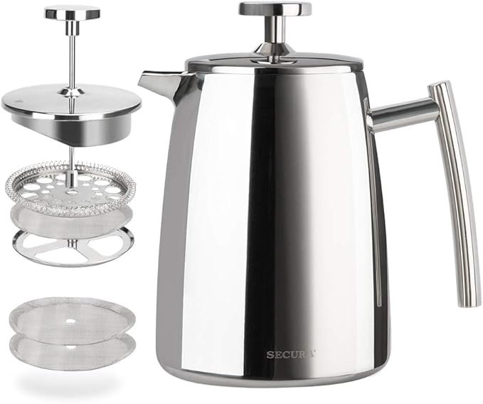 Secura French Press Coffee Maker, 17-Ounce, 304 Stainless Steel Insulated Coffee Press with Extra Screen