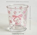Set of 2 12 OZ Floral Drinking Glasses French Glass Coffee Cup Cute Bow Flower Glass Cups for Iced Coffee,Tea,Juice,Milk,Latte,Dessert,Stackable Glassware Drinkware Set(pink floral)