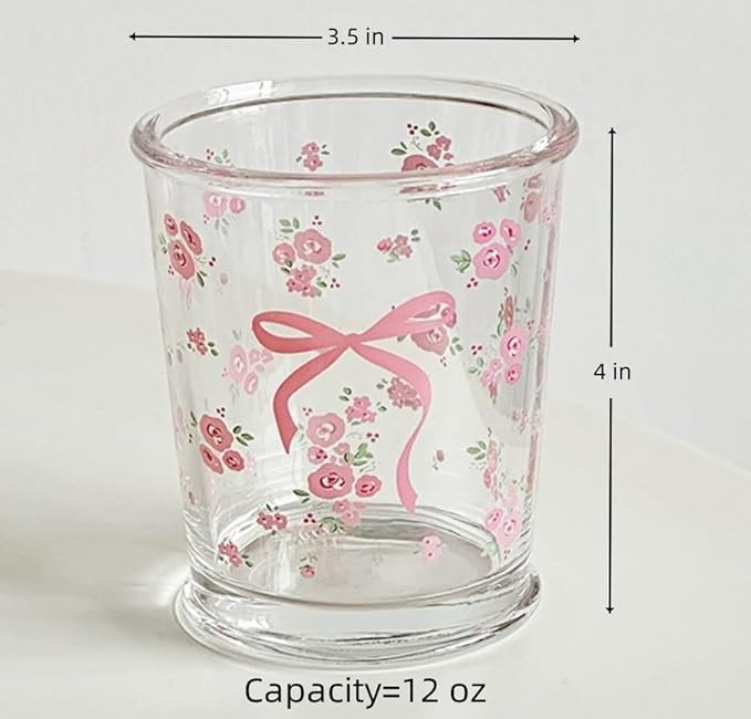 Set of 2 12 OZ Floral Drinking Glasses French Glass Coffee Cup Cute Bow Flower Glass Cups for Iced Coffee,Tea,Juice,Milk,Latte,Dessert,Stackable Glassware Drinkware Set(pink floral)