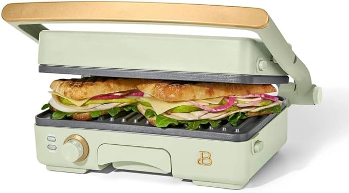 Panini Press Indoor Grill 1 2-in-1200W Non-Stick Removable Plates Sandwich Maker by Drew Barrymoree. (Sage Green)