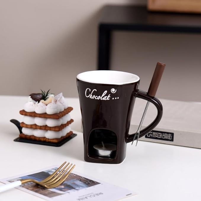 Fondue Mugs,Fondue Cup,Heat Resistant Ceramic Mini Fondue Set with Forks - Reusable Chocolate Melting Cup for Desserts, Date Nights & Parties (WHITE)