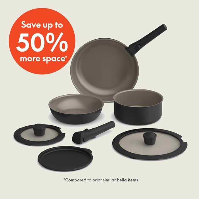 bella 8 Piece Removable Handle Cookware Set, Fits-anywhere™ Kitchenware w EverGood™ Ceramic Nonstick Coating, Dishwasher & Oven Safe, All Stovetops Compatible, Glass Lids with Silicone Rims, Black