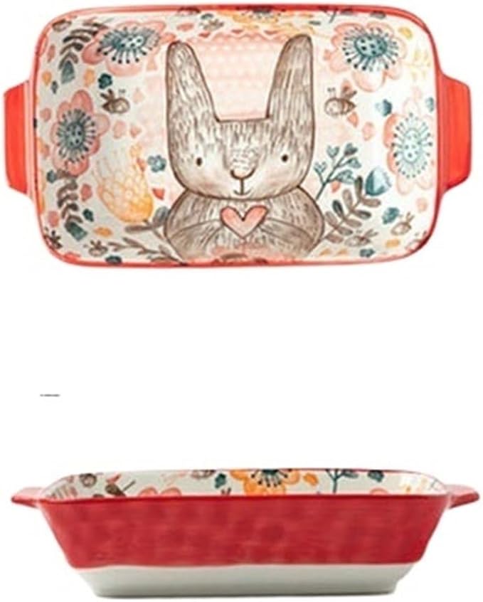 Ceramic Baking Pan, Forest Animals Pattern Tableware With Handle Salad Bowl Au Gratin Dish(Rabbit A rectangular)