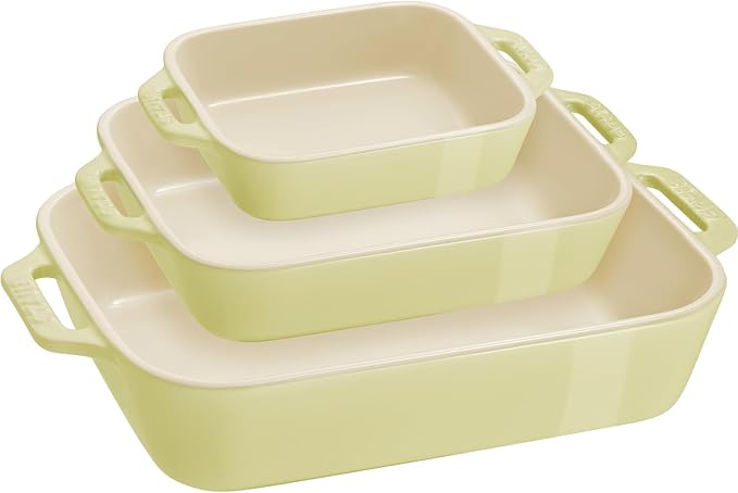 staub Dish Z1025-101 Rectangular Dish 5.5 x 4.3 inches (14 x 11 cm) / 7.9 x 6.3 inches (20 x 16 cm) / 3 Piece Set Macaron Green Ceramic Set, Au Gratin Dish, Oven Safe
