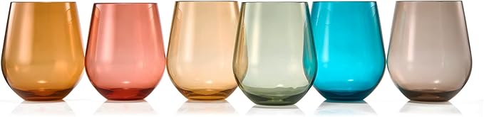 Khen European Style Shatterproof Tritan Stemless Wine Glasses, Acrylic Glass Drinkware, Unbreakable Colored, 6 - Set - BPA-free plastic, Reusable, Dishwasher Safe, All Purpose Glassware 15oz - (Muted)