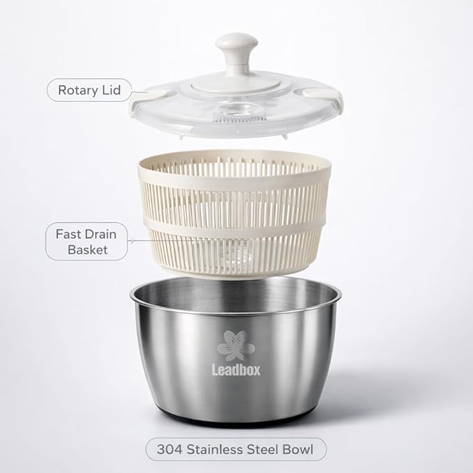 Stainless Steel Salad Spinner, 6L Heavy-Duty Lettuce Dryer with Smooth Spin Handle, Large Vegetable Washer & Fruit Rinse Bowl, Non-Slip Base