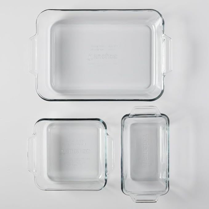 Anchor Hocking Glass Baking Dishes for Oven, 3 Piece Set (3 Qt Glass Casserole Dish, Cake Pan, and Bread Pan)