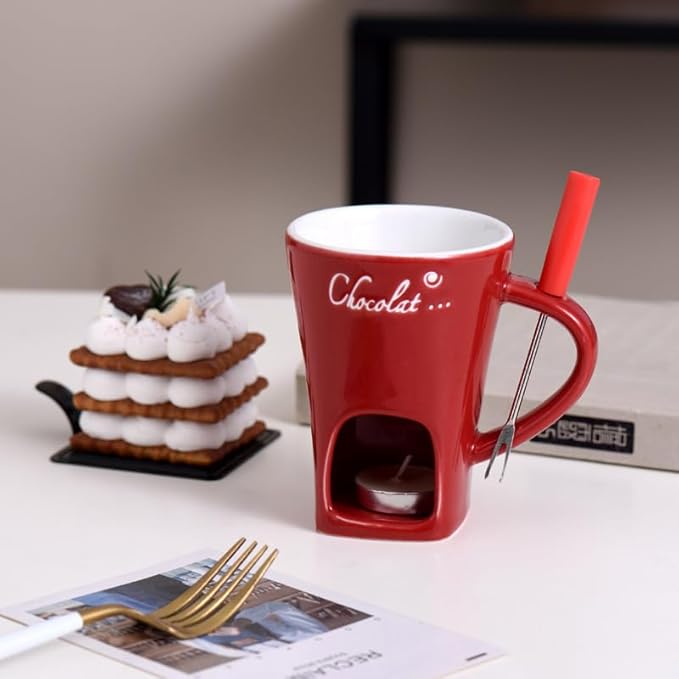Chocolate Melting Mug With Candle, Ceramic Fondue Mug Meltie Cup, Melting Love Cup, Ideal Gifts For Christmas, Birthday, Wedding (White+Brown)