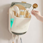 Wall Mounted Cutlery Holder - Kitchen Utensil Storage Box with Lid - Chopstick Container - Dustproof Spoon and Chopstick Organizer - Drain Racks