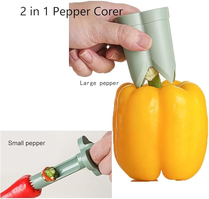 Pepper Seed Corer Remover Tool,2 in1 Efficient Bell Pepper Corer,Jalapeno Pepper Cutter Deseeder,Quick Cutting& Deseeding Pepper Seed Remover Tool, Kitchen Gadget Tool for Fruit Vegetables (Green)