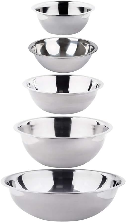 (Set of 5) Stainless Steel Mixing Bowls Set 3-4-5-8-13 Quart Polished Mirror Finish Nesting Flat Base Bowls Commercial Mixing Bowls Prep Bowls